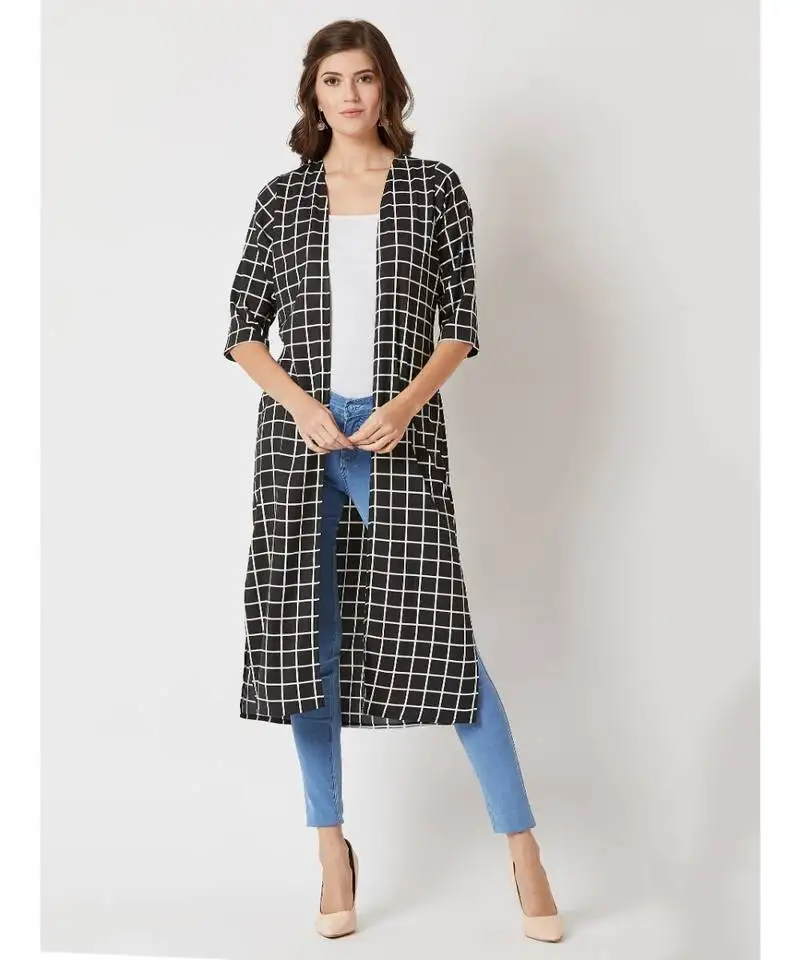 Women's multicolored with a black base square neck quarterSleeve checkered longline side slit open front midi shrug