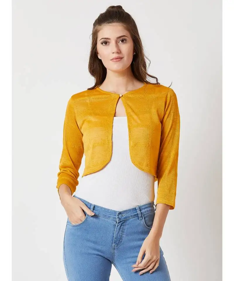 Women's mustard round neck quarterSleeve solid pearl detailing cropped bolero shrug