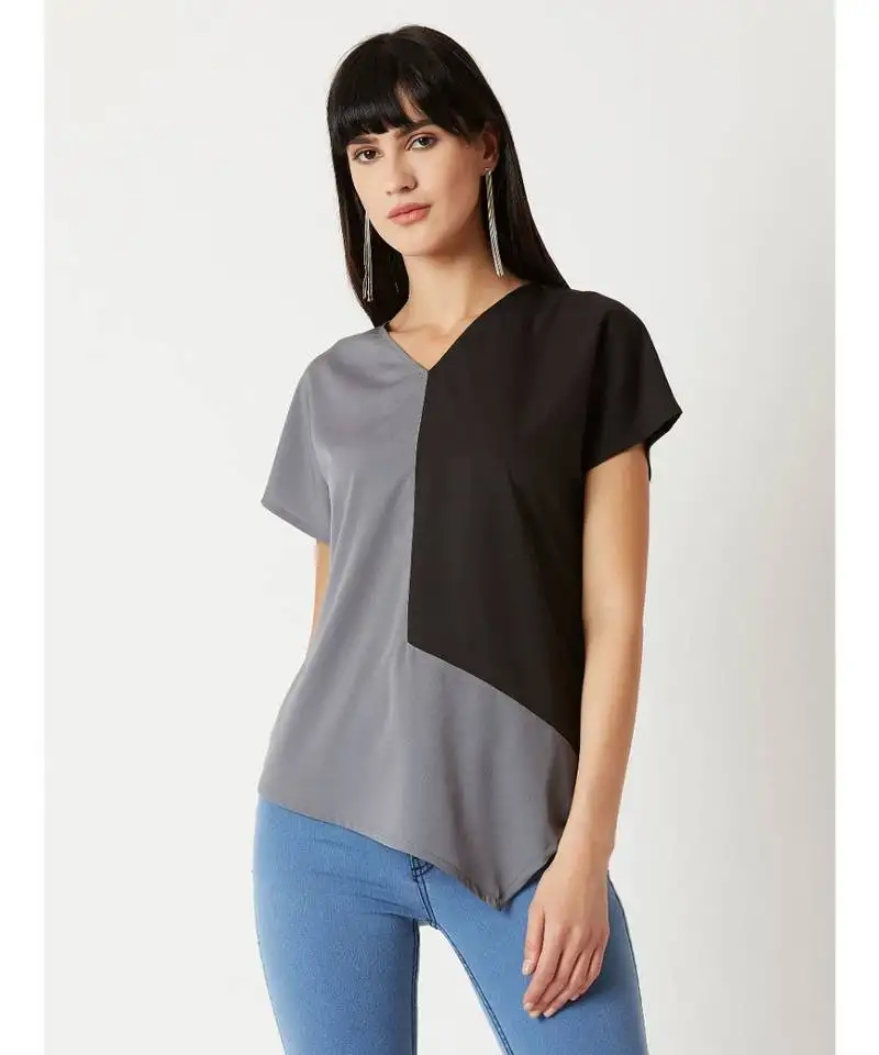 Women's grey & black v neck shortSleeve solid paneled asymmetric hemline boxy color block top