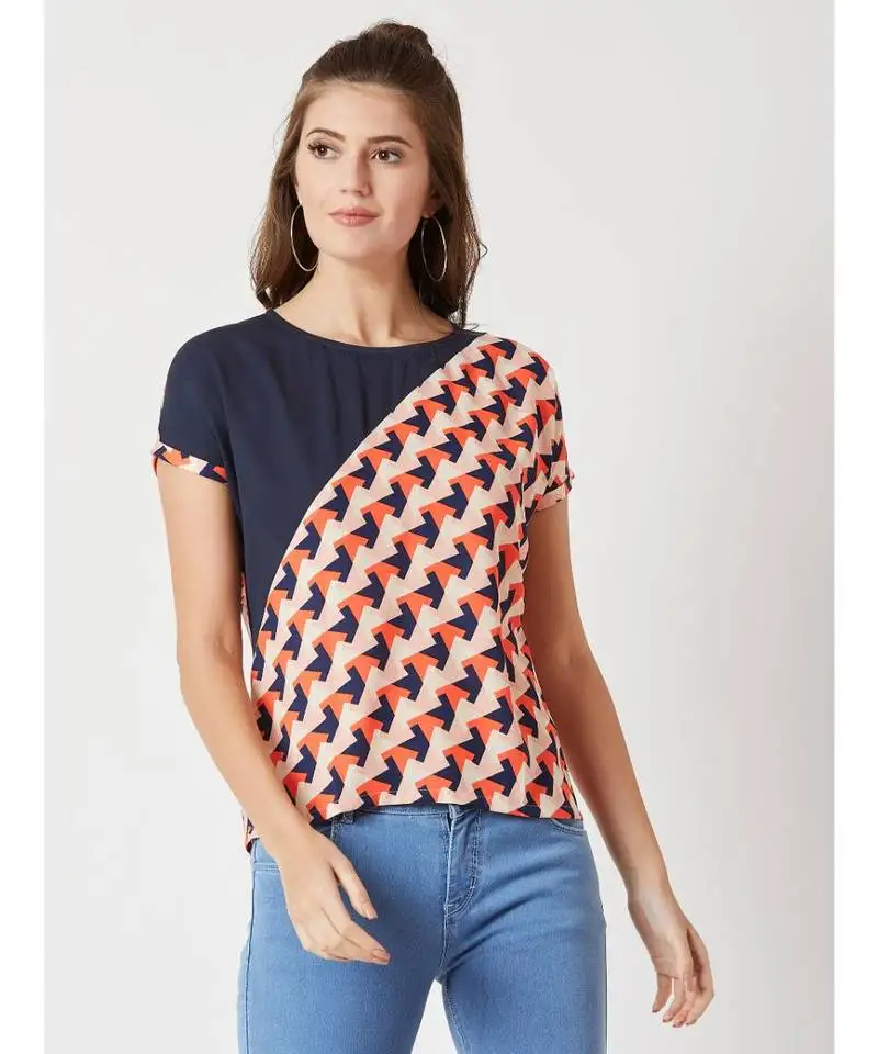 Women's multicolored with base blue round neck short continuous rolled sleeve geometric print paneled top