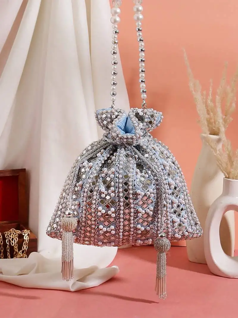 Celestia mirror embellished potli bag – icy blue sparkle (9 x 8.5 in)