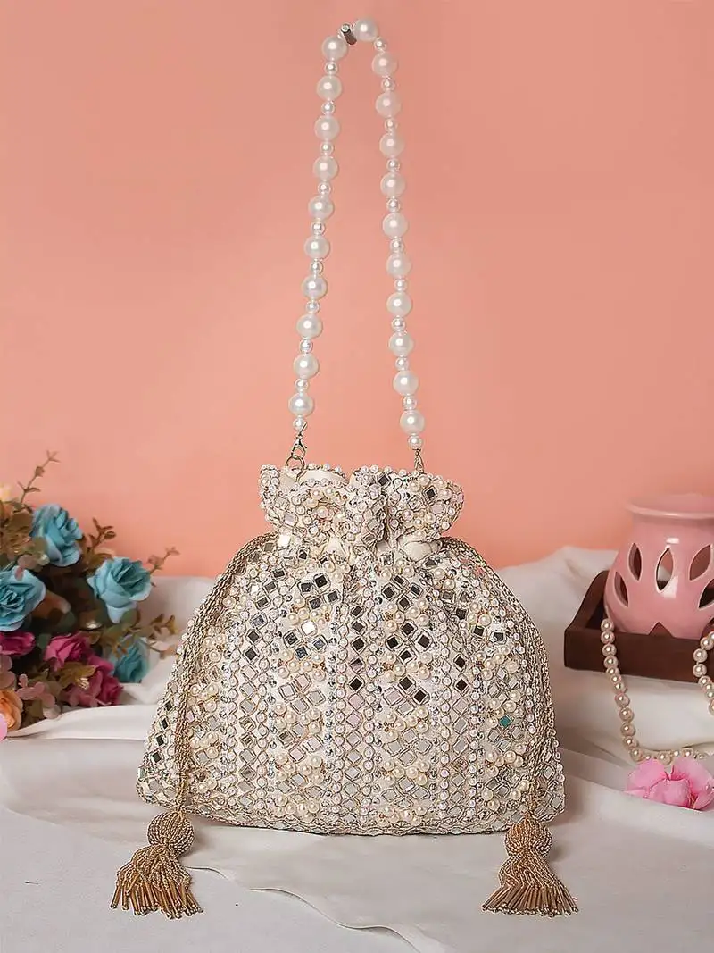 Ivory lume mirror embellished potli bag – golden grace (9 x 8.5 in)