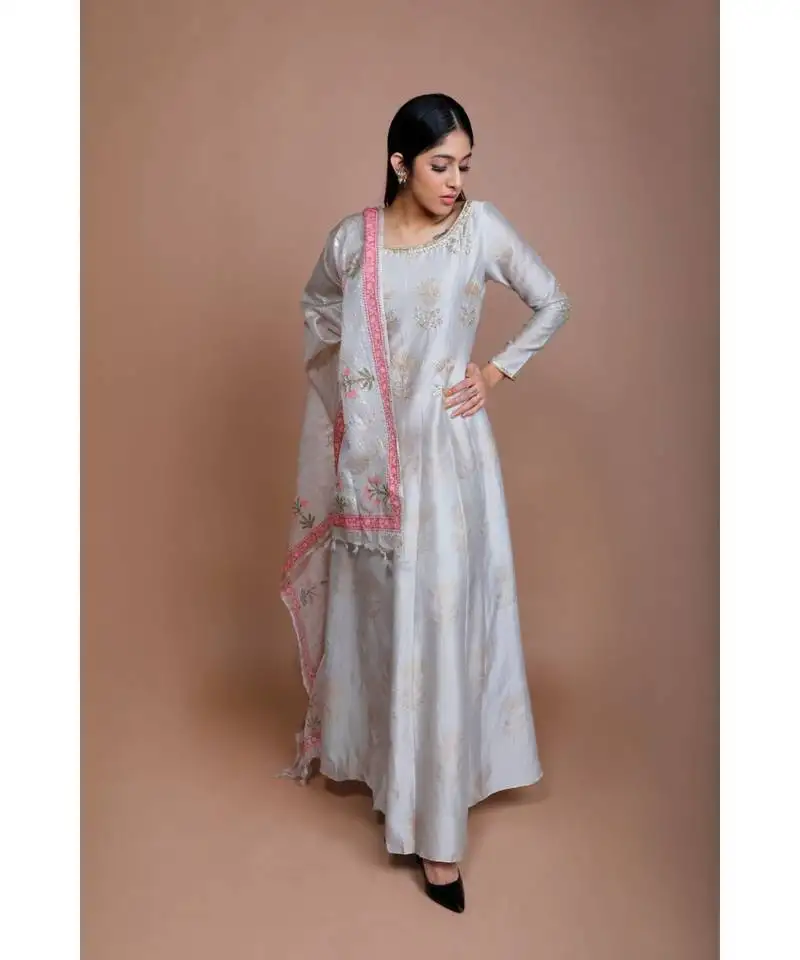 Showshaa scottish thistle anarkali set with floral tussor dupatta