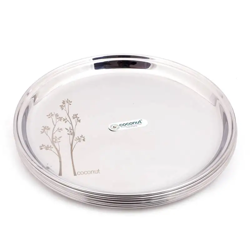Coconut stainless steel laser design dinner plate::Thali:: kumcha - pack of 6 (diameter 8 inch)