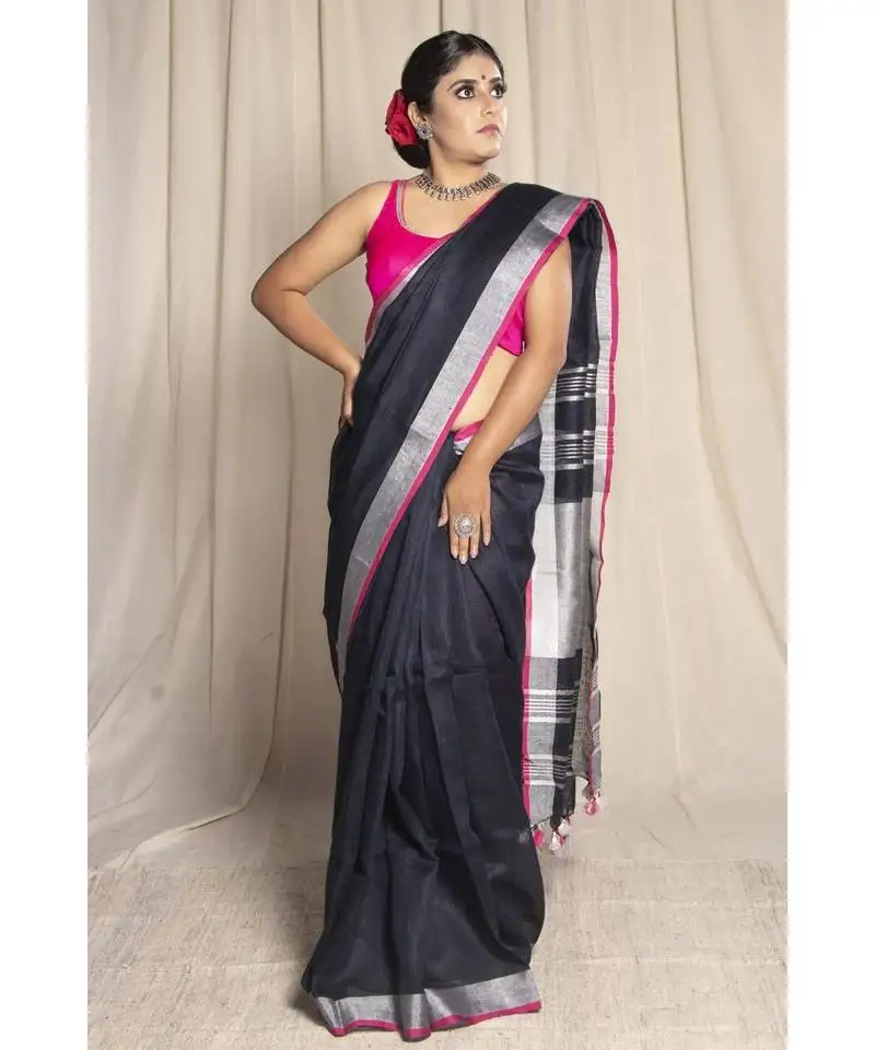 Black woven linen saree with blouse