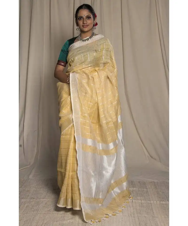 Yellow woven linen saree with blouse