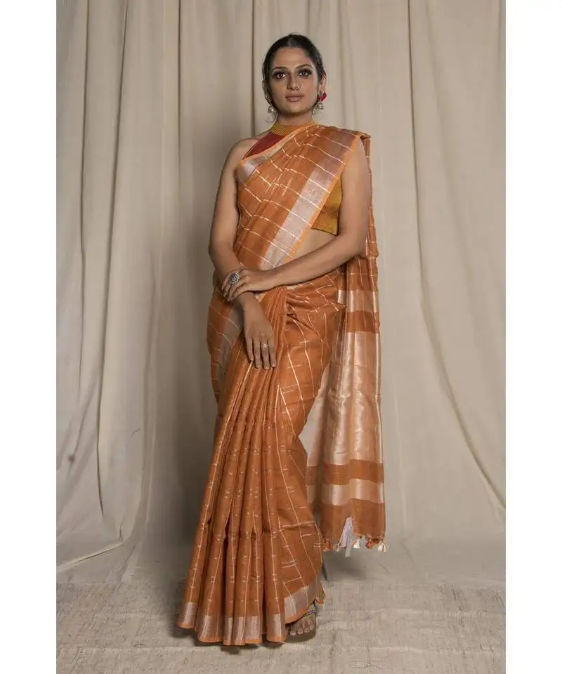 Brown woven linen saree with blouse