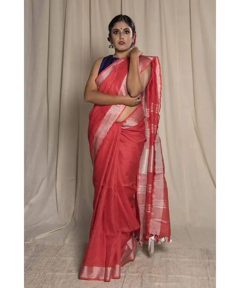 Pink woven linen saree with blouse