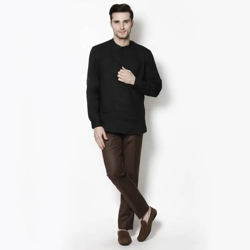Black woven linen men kurtas
