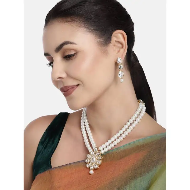 Traditional gold plated pearl & kundan necklace set with earrings for women
