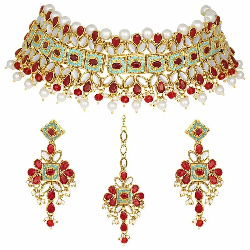 kundan pearl meenakari multi-color bridal necklace set with earrings & maang tikka for women