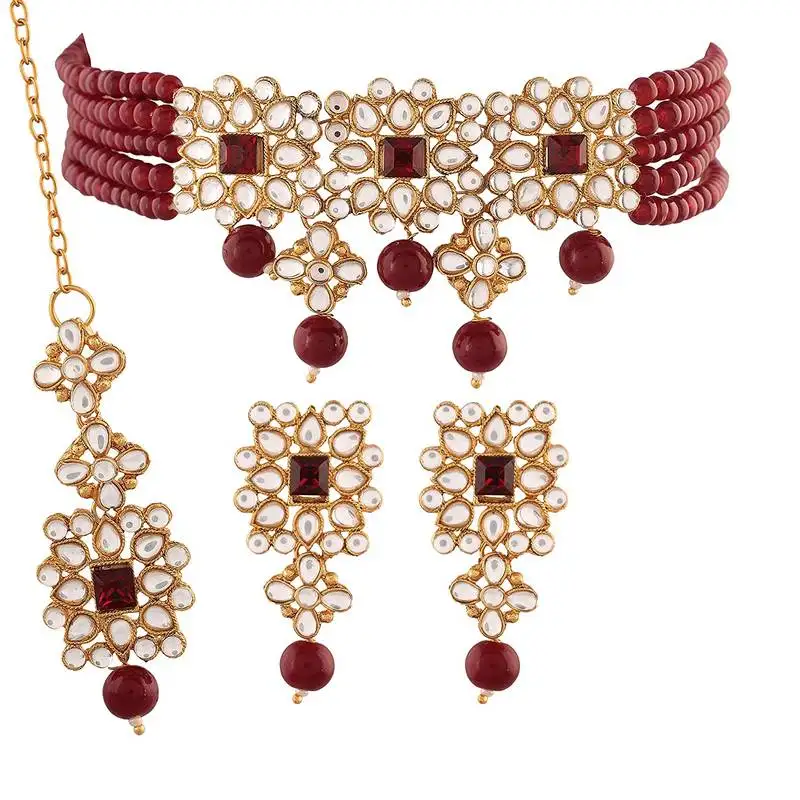 Traditional gold plated pearl & kundan choker necklace set with maang tikka for women