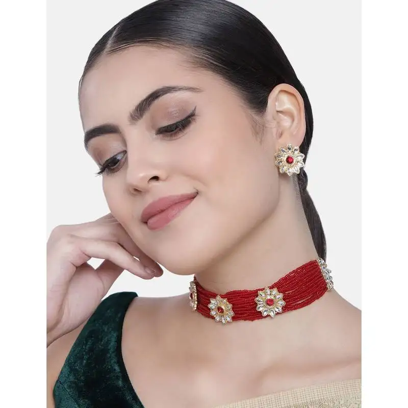 Traditional gold plated floral pearl & beads choker necklace set for women