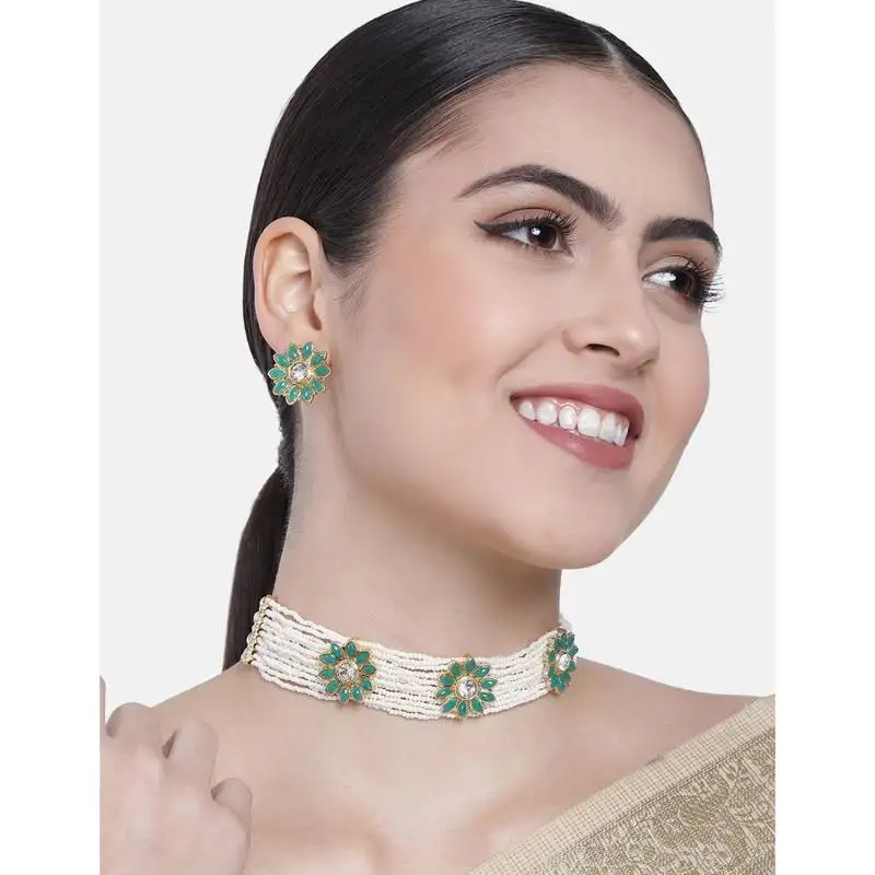 Handcrafted ethnic beaded choker with earrings for women::Girls (ml228wg)