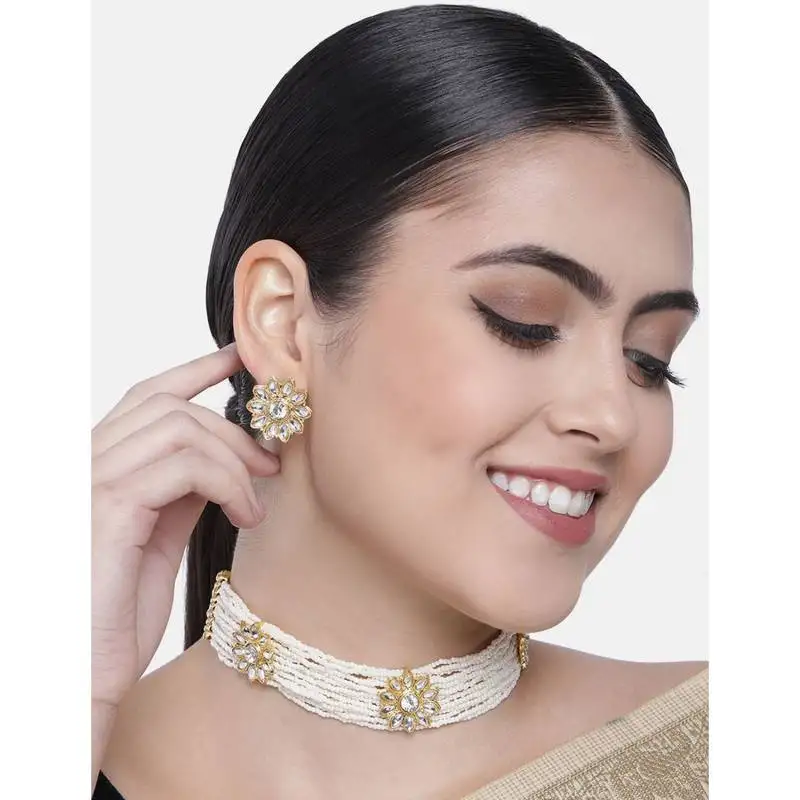Traditional floral kundan & pearl choker necklace set for women