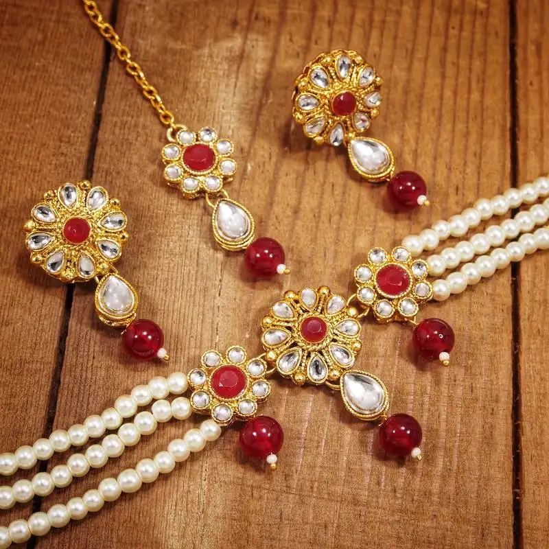 Traditional floral pearl & kundan choker necklace set with maang tikka for women
