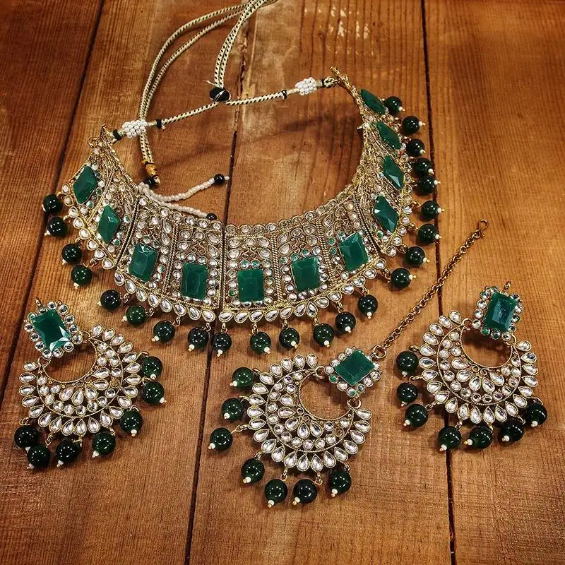 Traditional gold plated kundan & beads choker necklace set with maang tiika for women