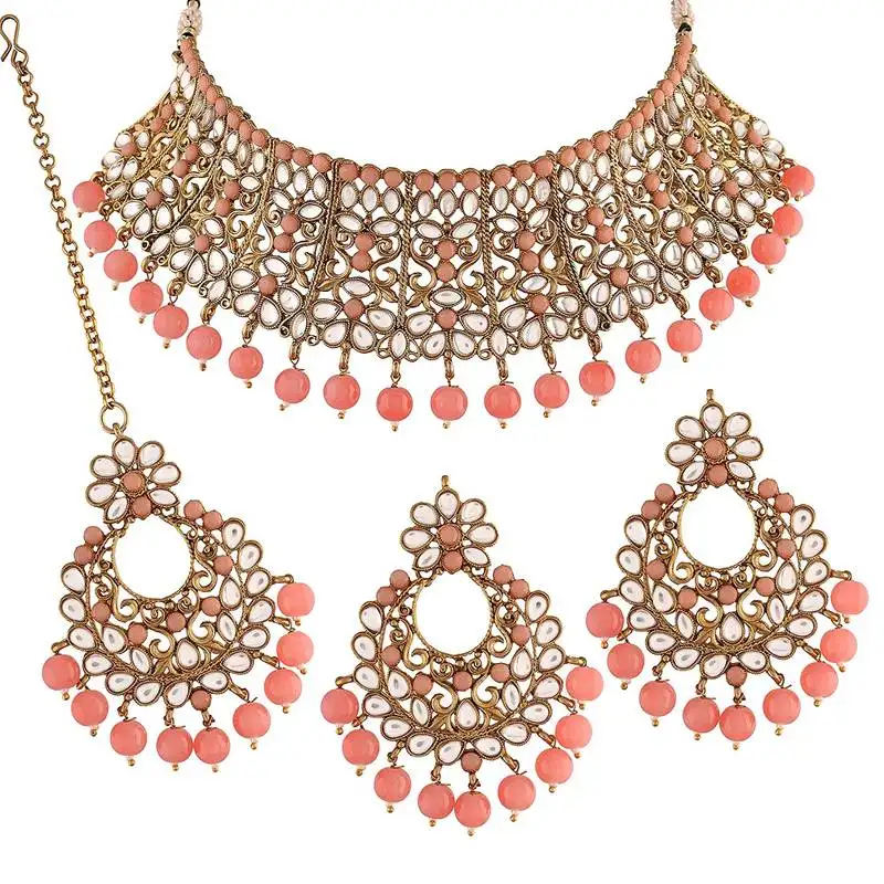 Traditional kundan & beads choker necklace set with maang tikka for women