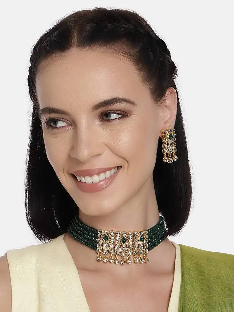 Traditional gold plated kundan & beads choker necklace set for women