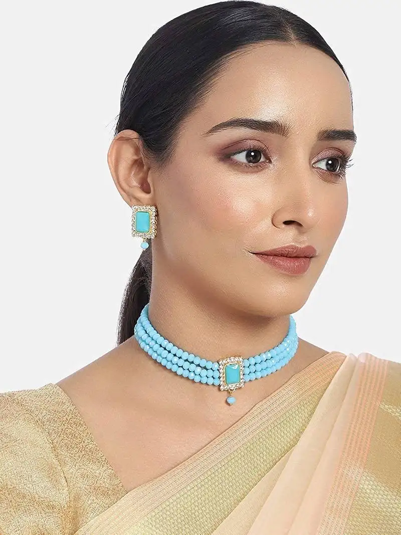 Traditional handcrafted turquoise beaded choker with earrings for women::Girls