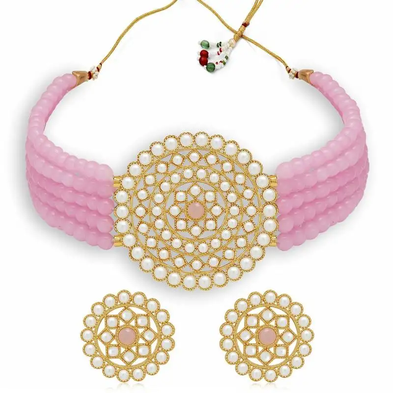 Gold plated traditional light weight beaded choker set glided with moti work