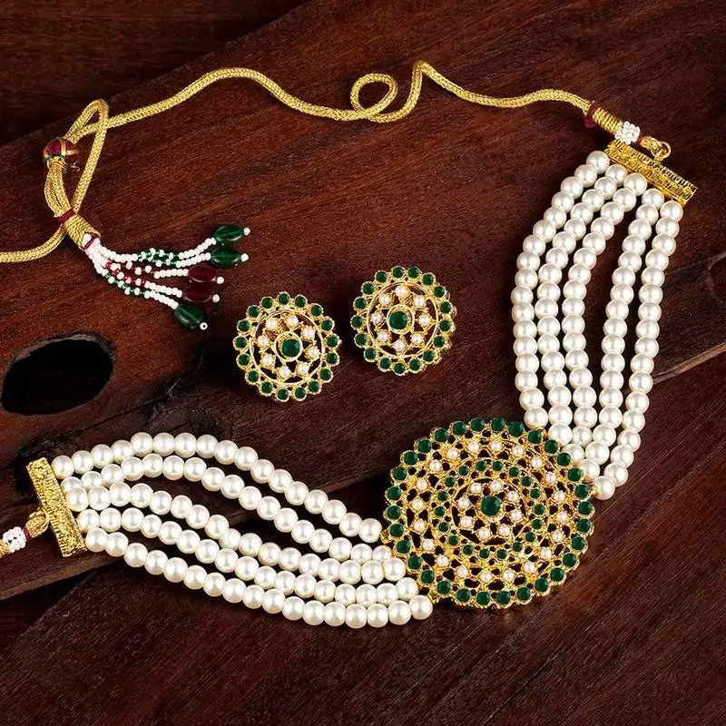 Traditional light weight pearl beaded choker necklace jewellery set glided with moti work