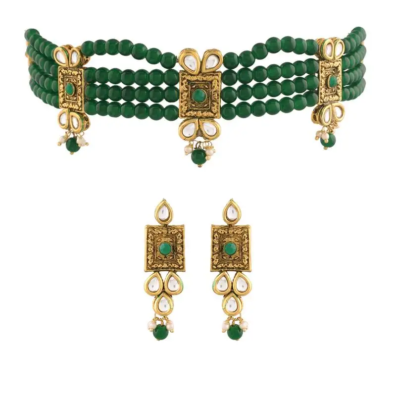 Traditional handcrafted kundan & pearl beaded choker with earrings for women::Girls