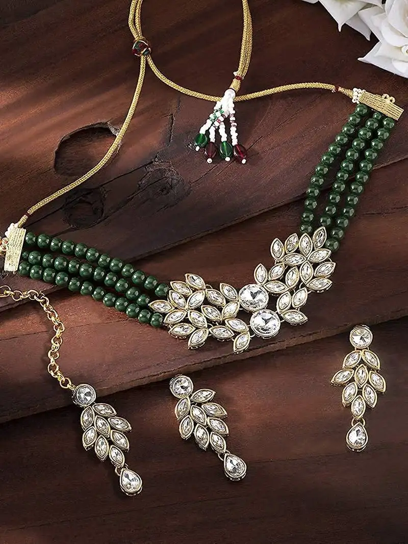 Crystal stone studded pearl choker necklace jewellery set for women