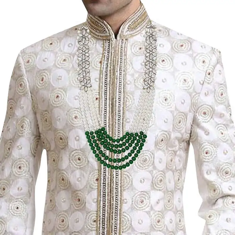 5 layered traditional gold plated pearl & kundan dulha necklace::Groom moti mala for men