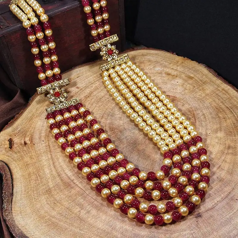 3 layered traditional light weight beaded maharaja haar::Groom necklace for men