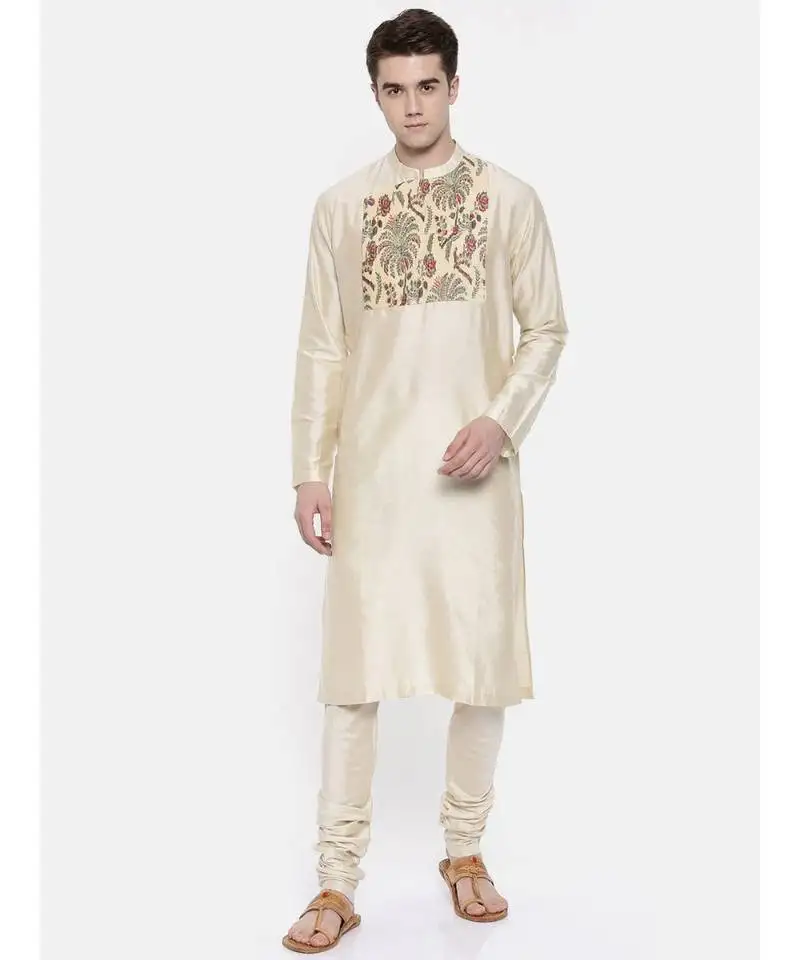 Mayank modi beige chanderi prinetd kurta set