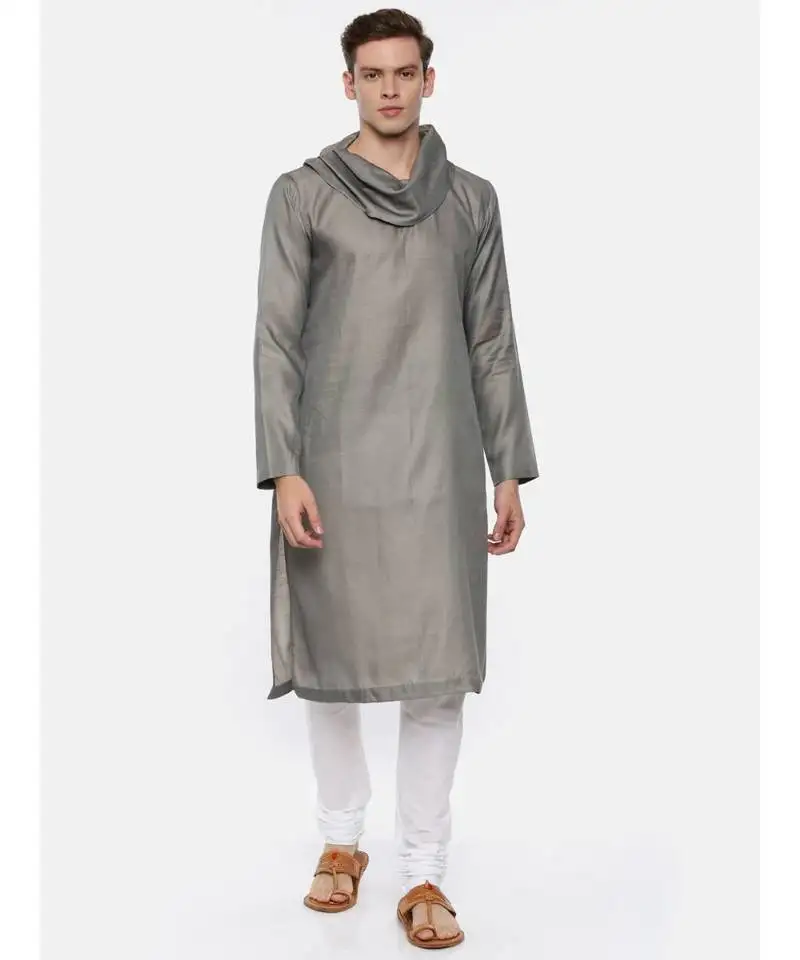 Koul neck grey linen satin kurta set