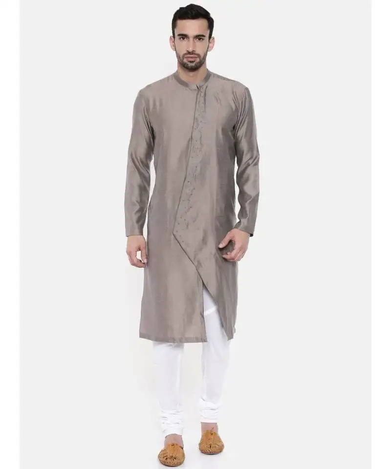 Mayank modi grey linen :: satin kurta set