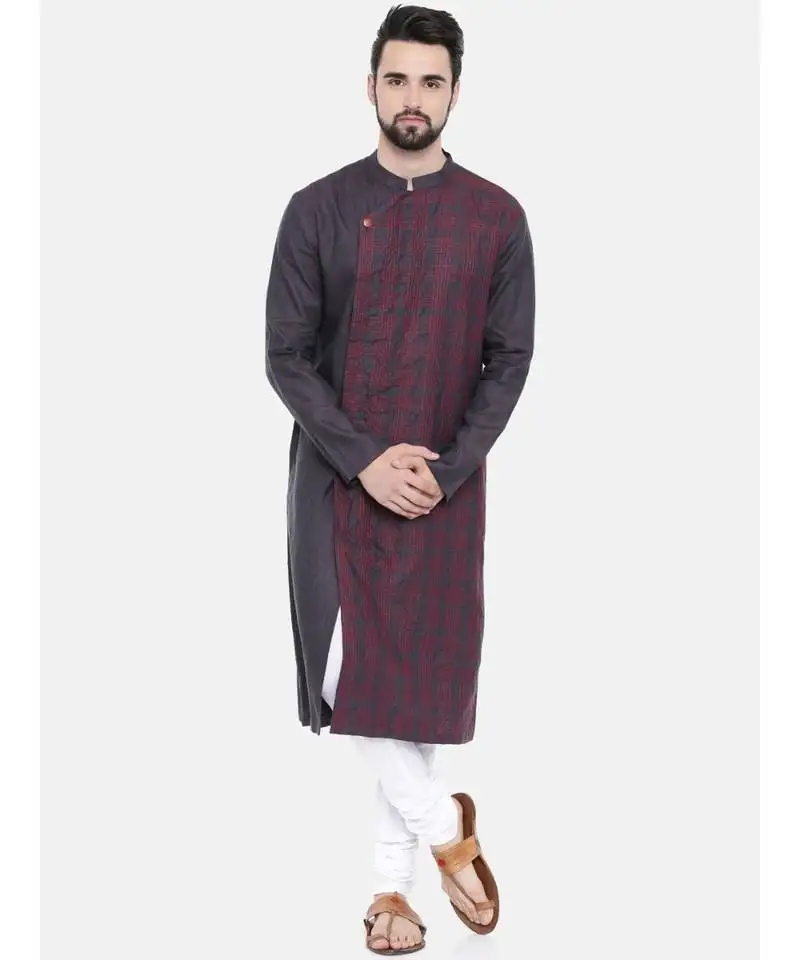 Mayank modi deep purple linen stitch detail kurta set