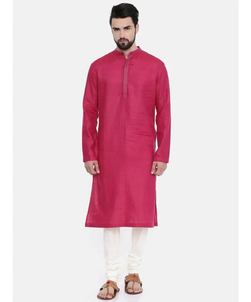 Mayank modi pink linen embroidered kurta set