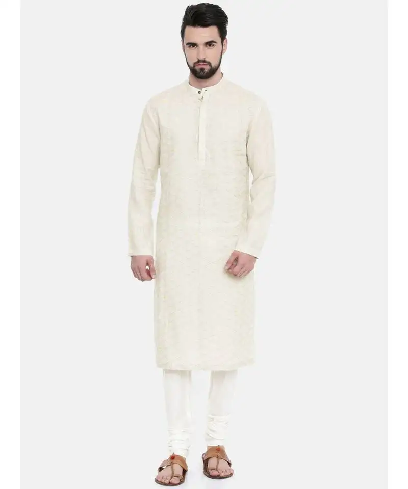 Mayank modi cream linen embroidered kurta set