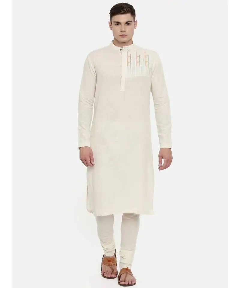 Mayank modi cream cotton embroidered kurta