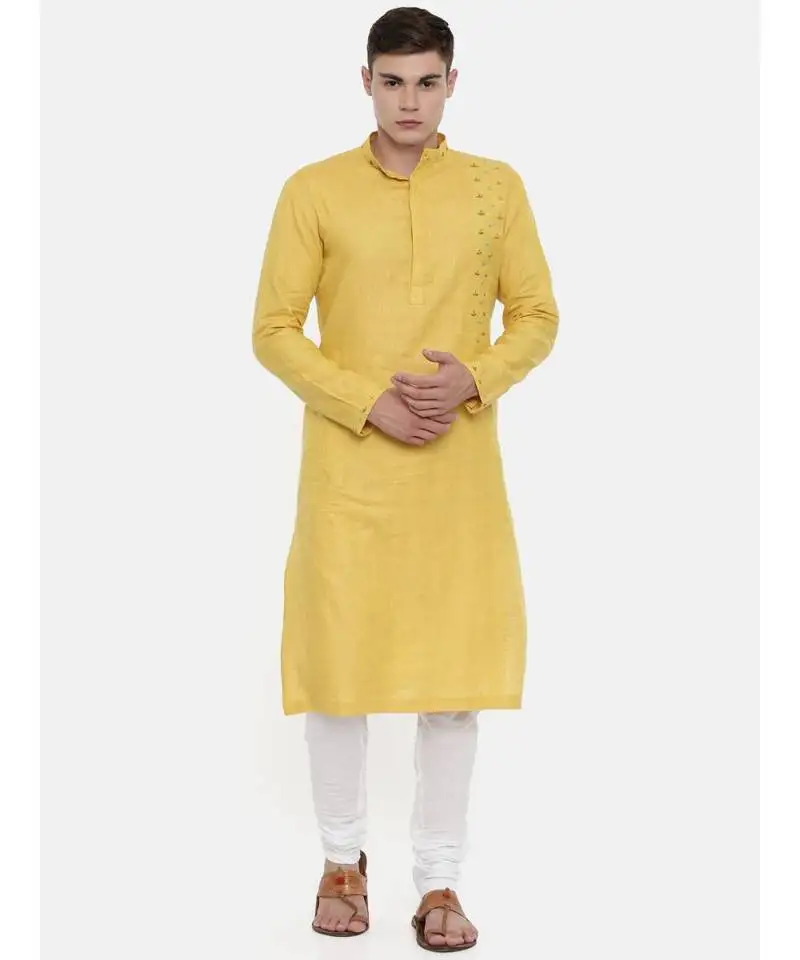 Mayank modi yellow linen embroidered kurta