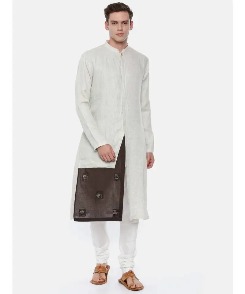 Cream linen jaquard with a brown patch kurta