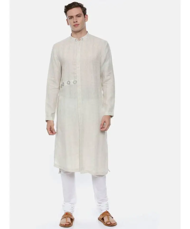 Cream linen jaquard kurta set