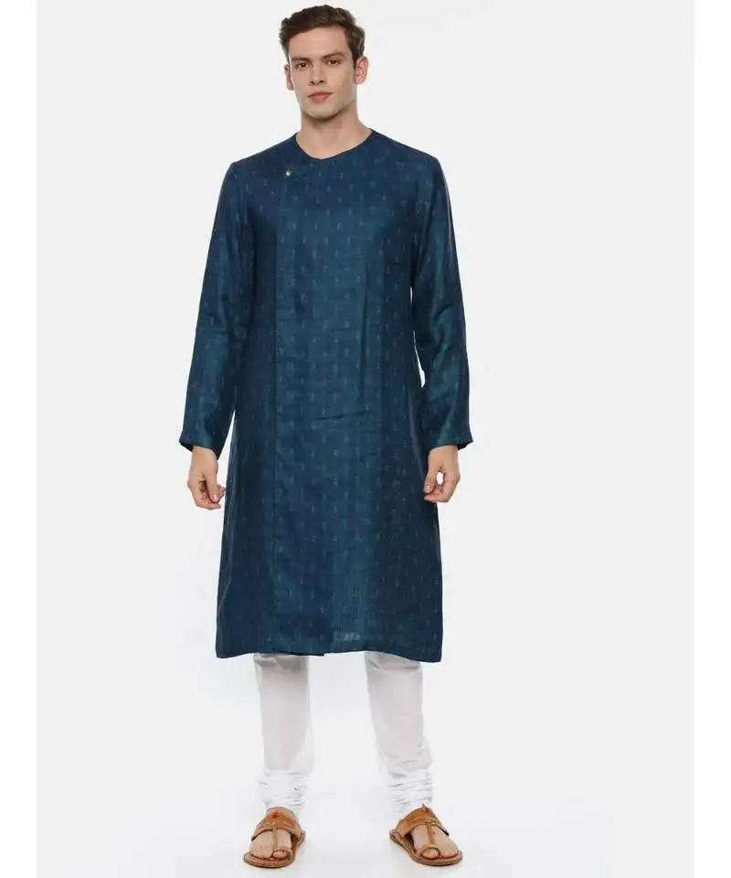 Green blue linen jaquard kurta set