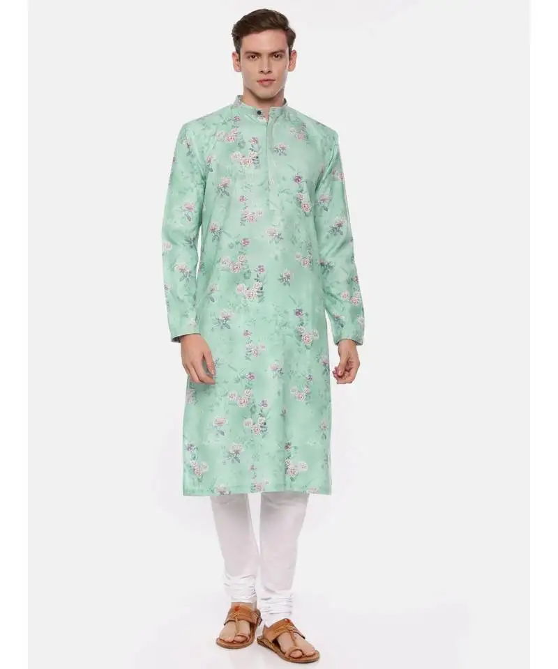 Blue linen printed kurta set