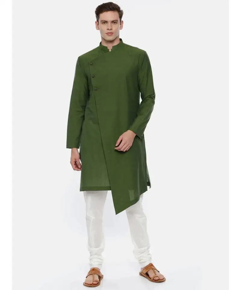 Green cotton asymetric kurta set