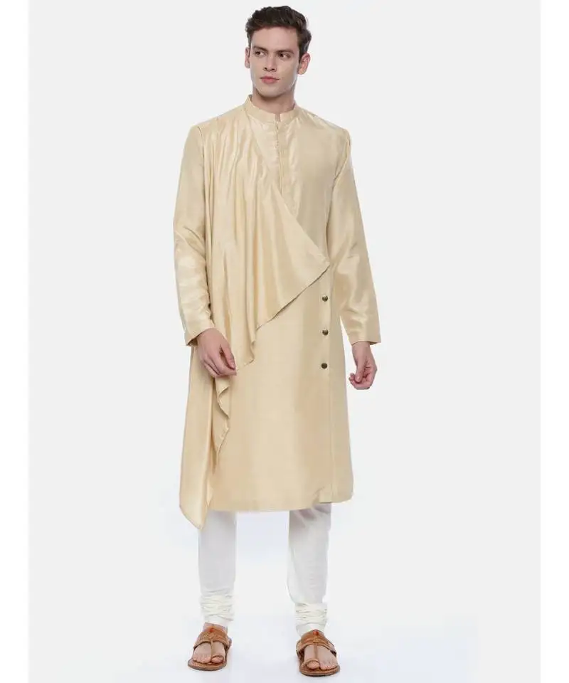 Drape silk linen beige kurta set