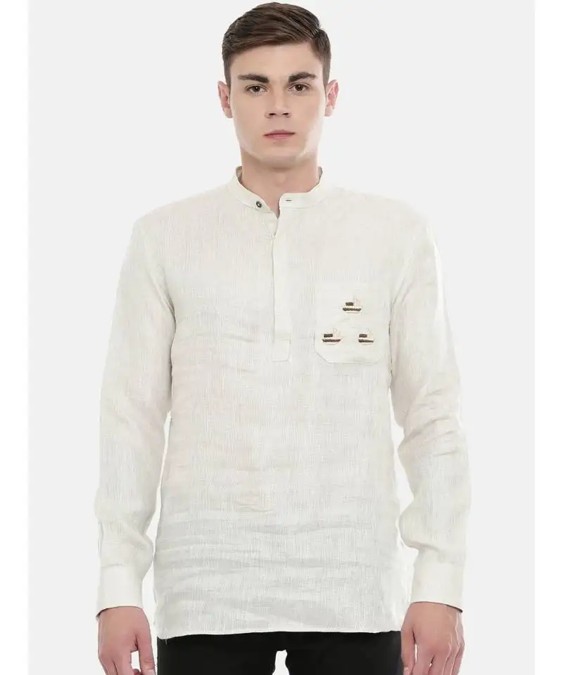 Mayank modi classic beige linen embroidered kurta