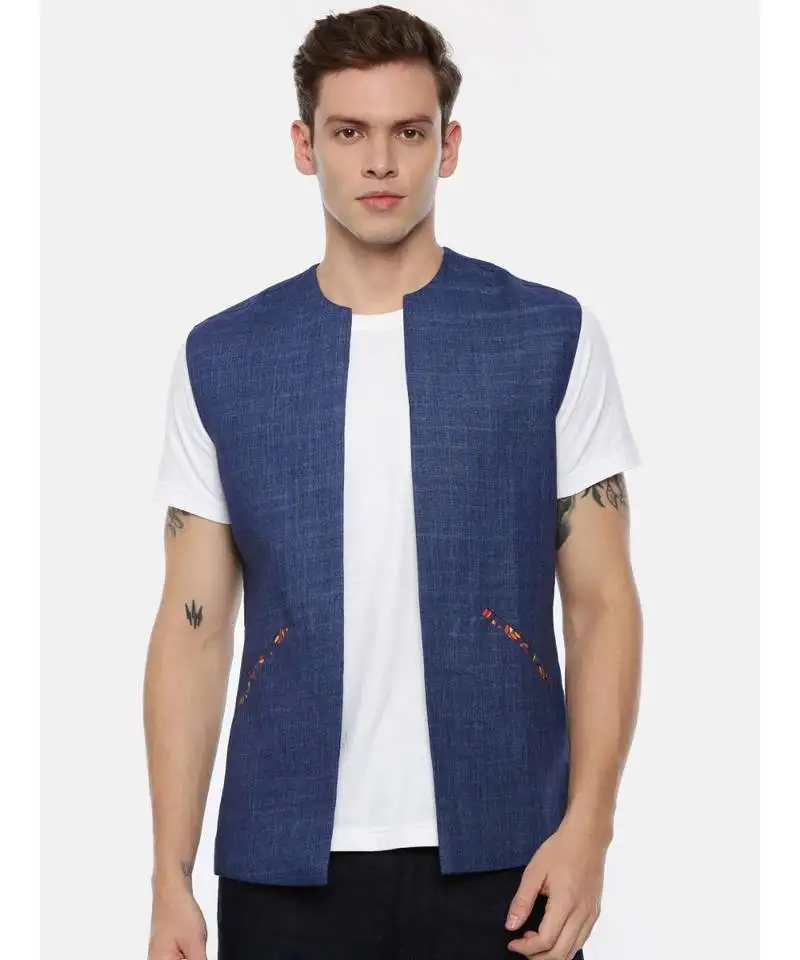 Short open linen denim jacket