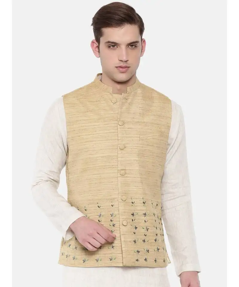 Mayank modi beige matka jute embroidered nehru jacket
