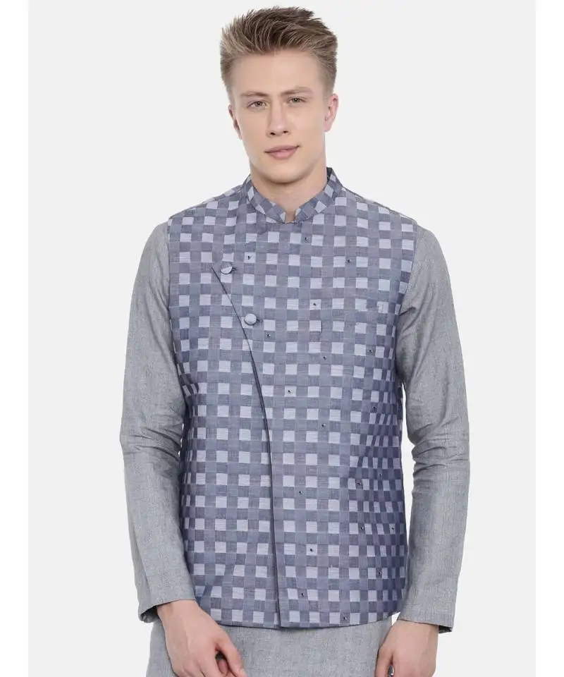 Mayank modi blue cotton checkered embroidered jacket