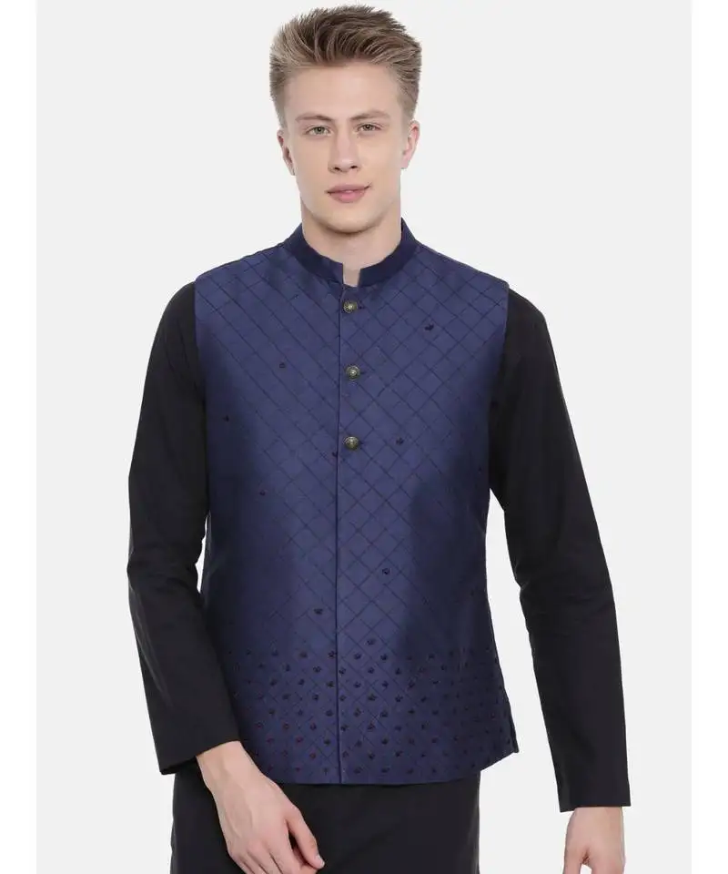 Mayank modi navy blue silk embroidered jacket