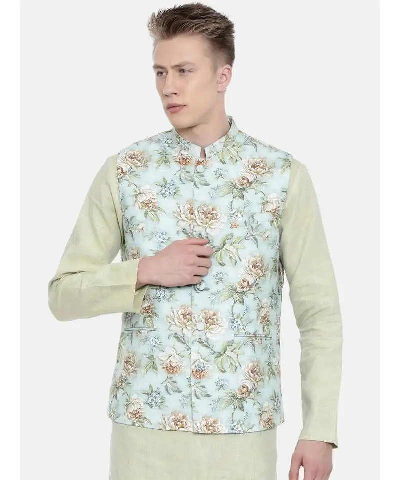 Mayank modi linen green printed jacket